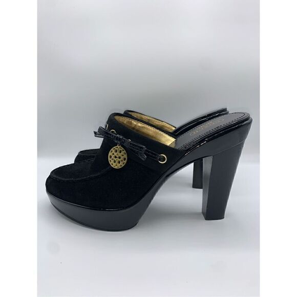 Coach Jodey Signature Black Suede Leather Heeled Platform Clogs - Picture 3 of 11